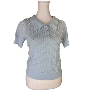 Sweater L Pearl Beaded Knit Short Sleeve Pullover Preppy Spring Summer Trendy‎